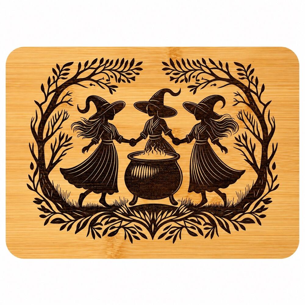 Three Witches Coven Bamboo Cutting Board Halloween Witchy Kitchen Decor NWOT